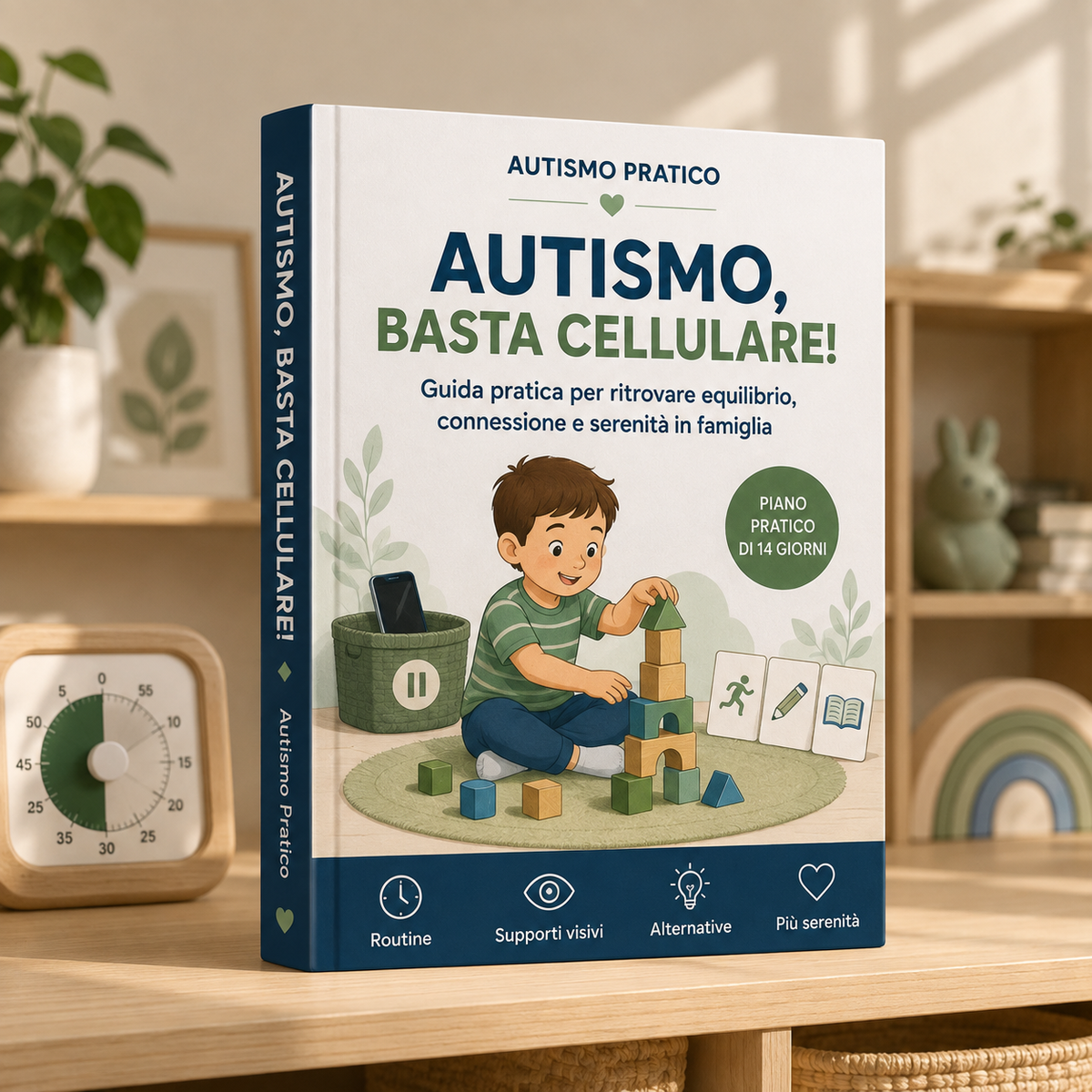Libro "Autismo, basta cellulare!" di Autismo Pratico, copertina con titolo e immagini illustrative.