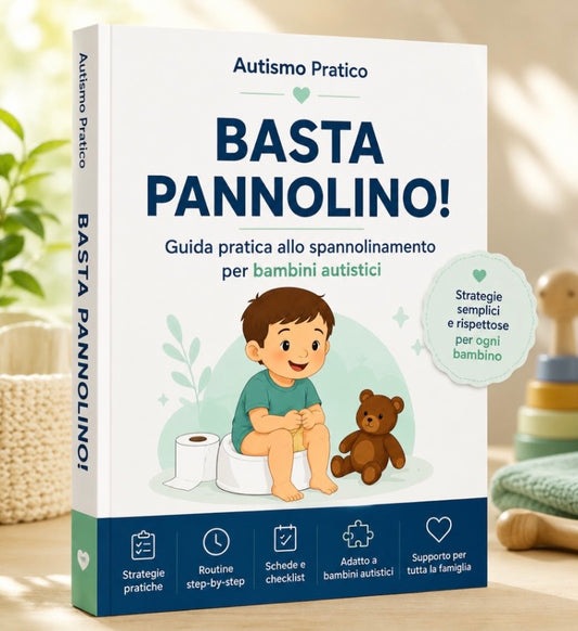 Libro "Basta pannolino!" di Il mio negozio, guida pratica per bambini autistici, con illustrazione di un bambino seduto sul vasino e un orsacchiotto.